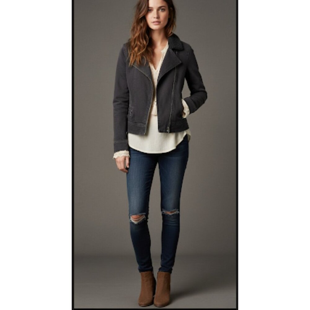 Articles Of Society Moto Jacket Black Denim Faux Fur Collar Zippered Pockets M - Picture 1 of 11